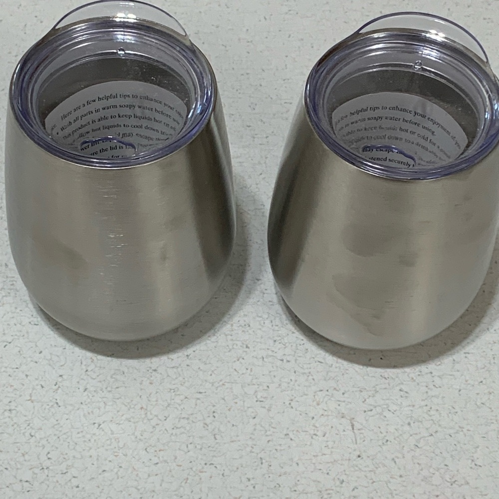 Set of 2 Hickory Farms Wine Tumblers Stainless Steel Silver With Lids Lidded